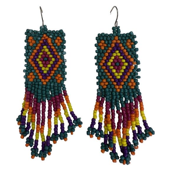 Native American Beaded Dangle Earrings 3" Southwestern Bohemian Artesian - Picture 2 of 8